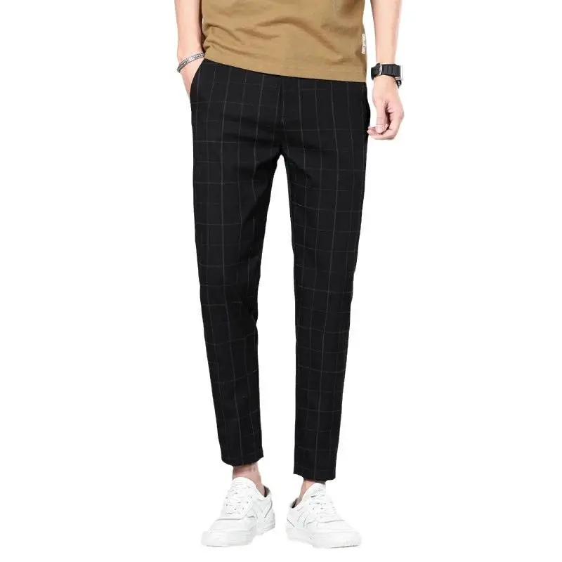 Fashion Minimalist Summer Casual Pants Men Elastic Plaid Thin Style Pockets Business Versatile Straight Ankle Length Trousers