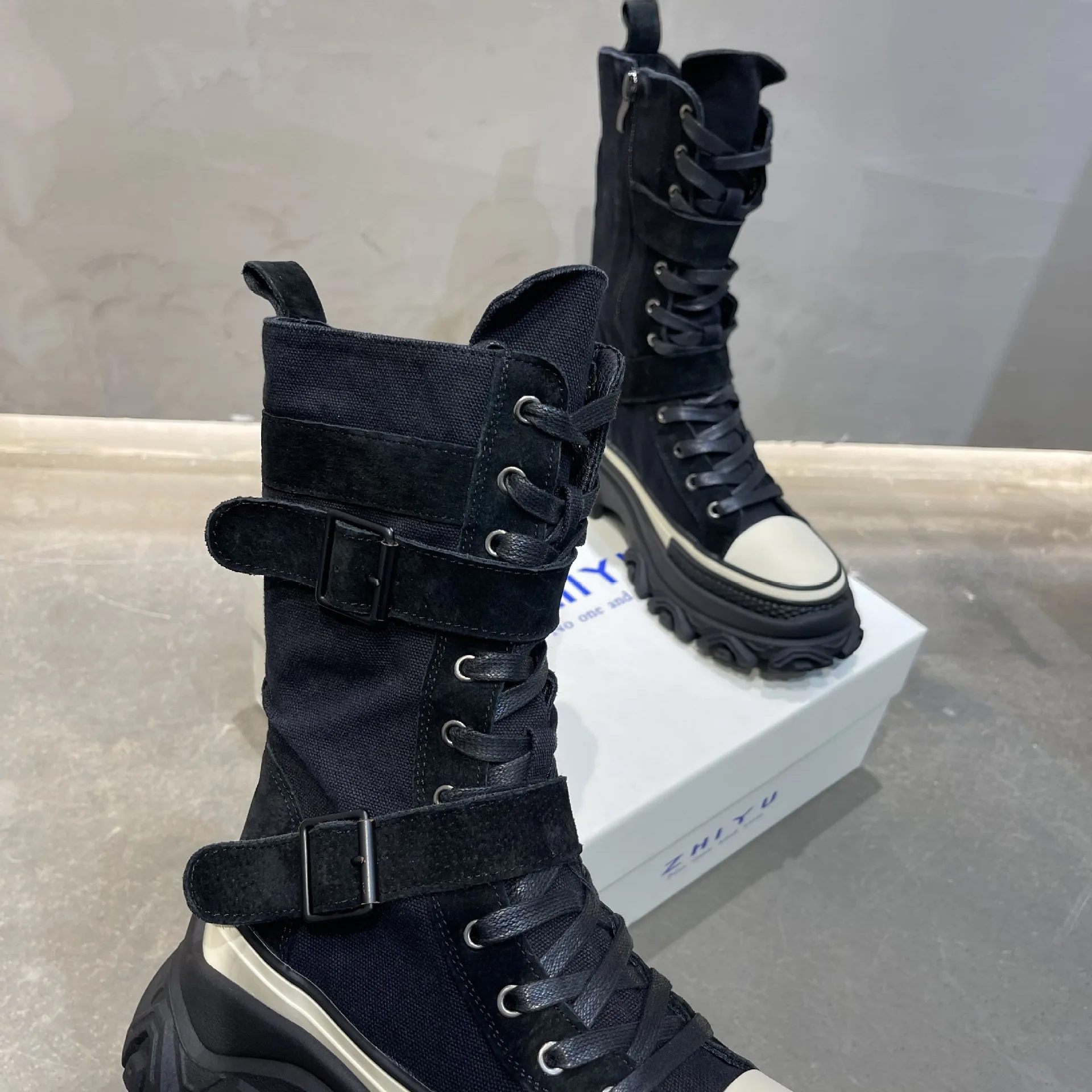 Women's Mid-Calf Leather Motorcycle Boots with Chunky Soles - true deals club