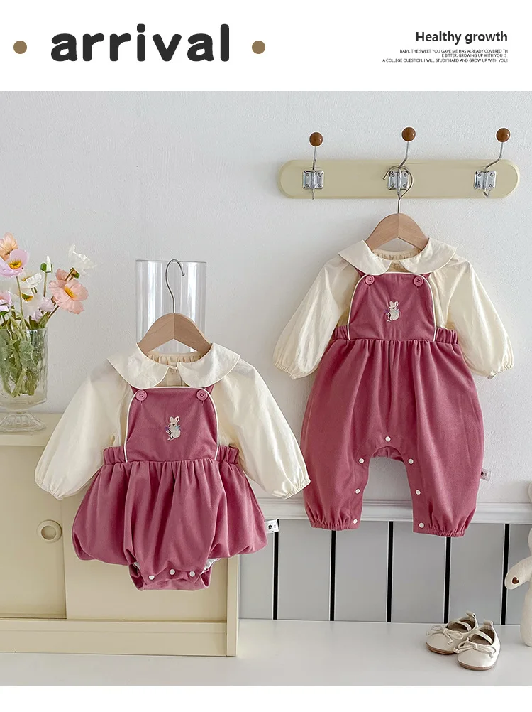 Description Picture 2 of itemBaby Girl Two Piece Set Newborn Autumn Korean Children Clothing Baby Girls Solid Color Shirt Suspender Pants Cute Clothing