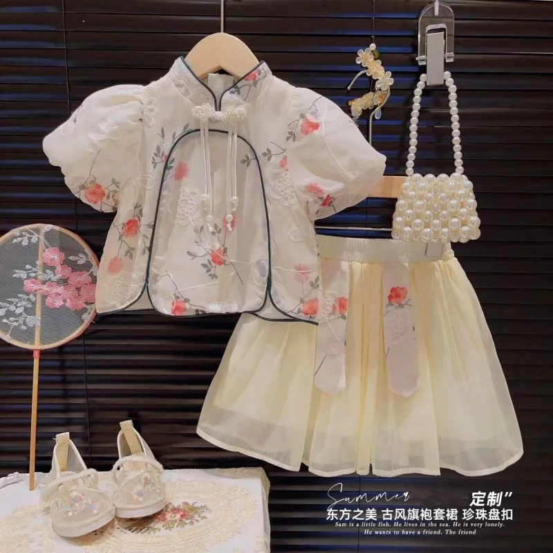 

Girls Summer Set Dress Flower Shirt Short Skirt Two Piece Set 2024 Summer Dress Gentle and Elegant Dress Girls Clothes