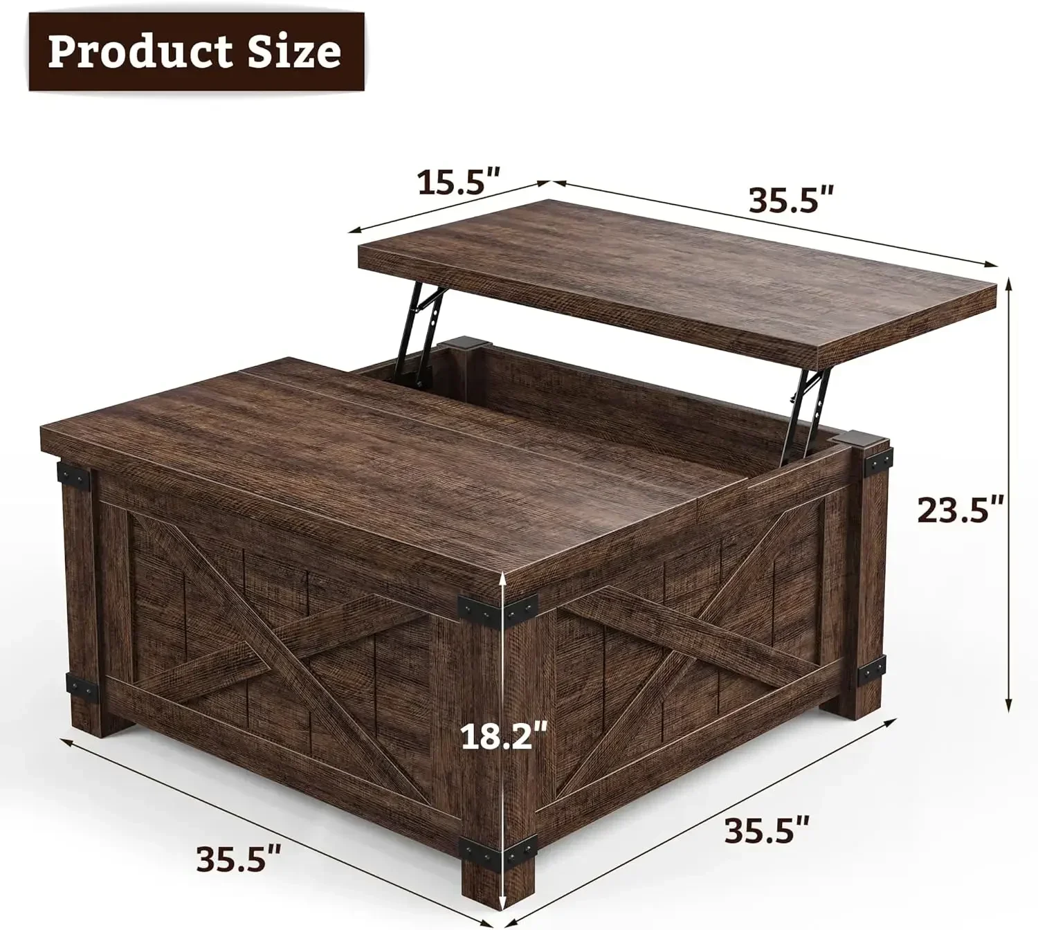 Farmhouse Coffee Table with Storage,Wood Center Table with Flip-Top Lids, Coffee Tables with Hinged Lift Top, Brown 2