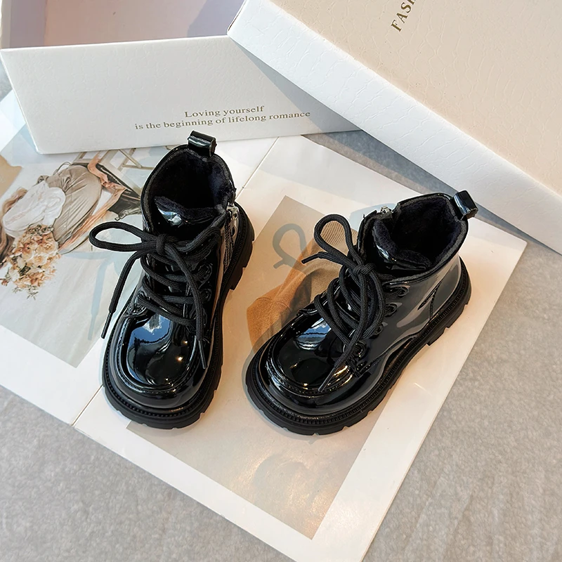 Girls Winter Cotton Boots Black Beige Round Toe Platform