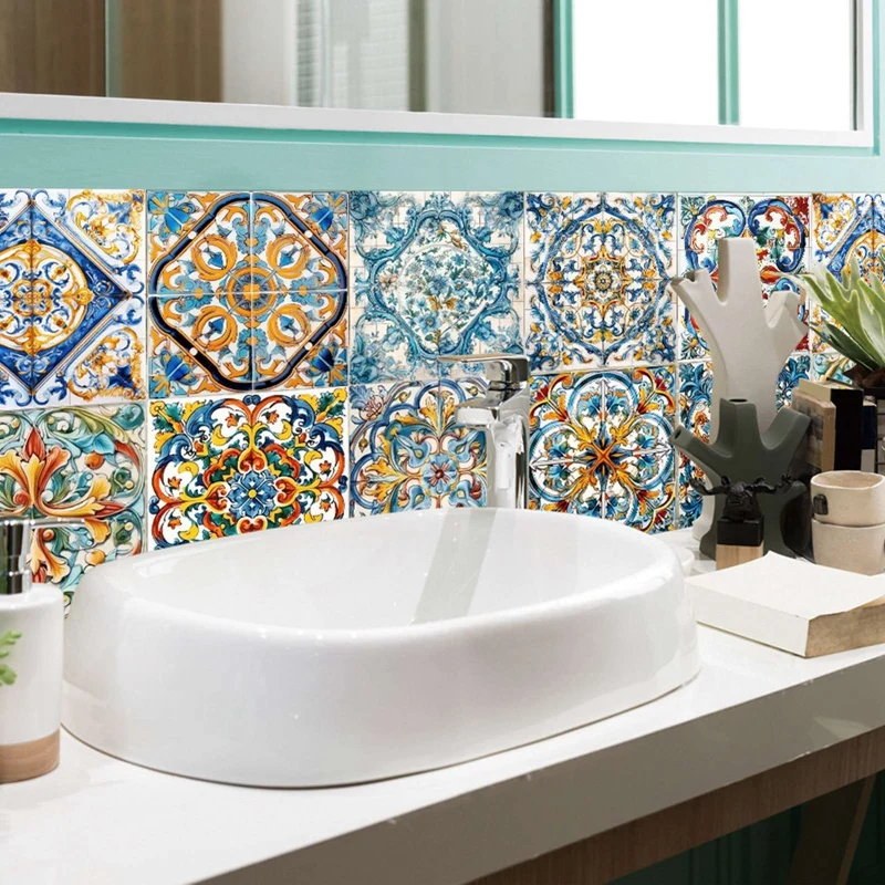 24PCS Moroccan Style Tile Sticker Traditional DIY Murals Tile Waterproof Oil Proof Removable Decals Bathroom Kitchen Backsplash