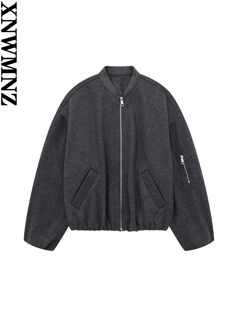 

XNWMNZ Женская мода 2023 осень/зима шерстяная смесь карманов куртка-бомбер женская с длинным рукавом на молнии универсальное Женское пальто