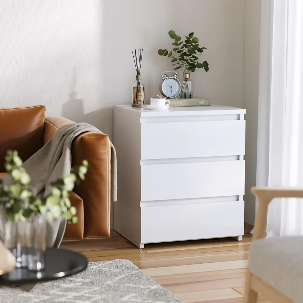 White Nightstand with 3 Drawers, White Bedside Table Night Stand for Bedroom with Cut-Out Handle, Sofa Side Table 3 Drawer 5