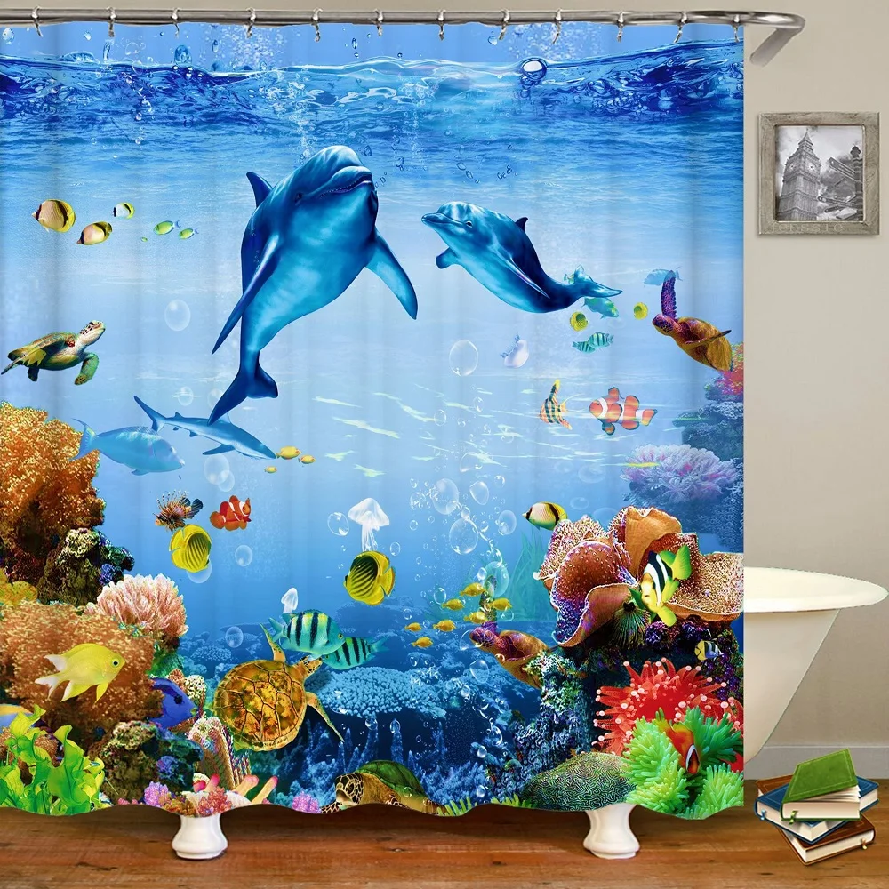 Ocean Underwater Marine Life Shower Curtain Sea World Animals Tropical Fish Dolphin Turtles Coral Print Waterproof Bath Curtains