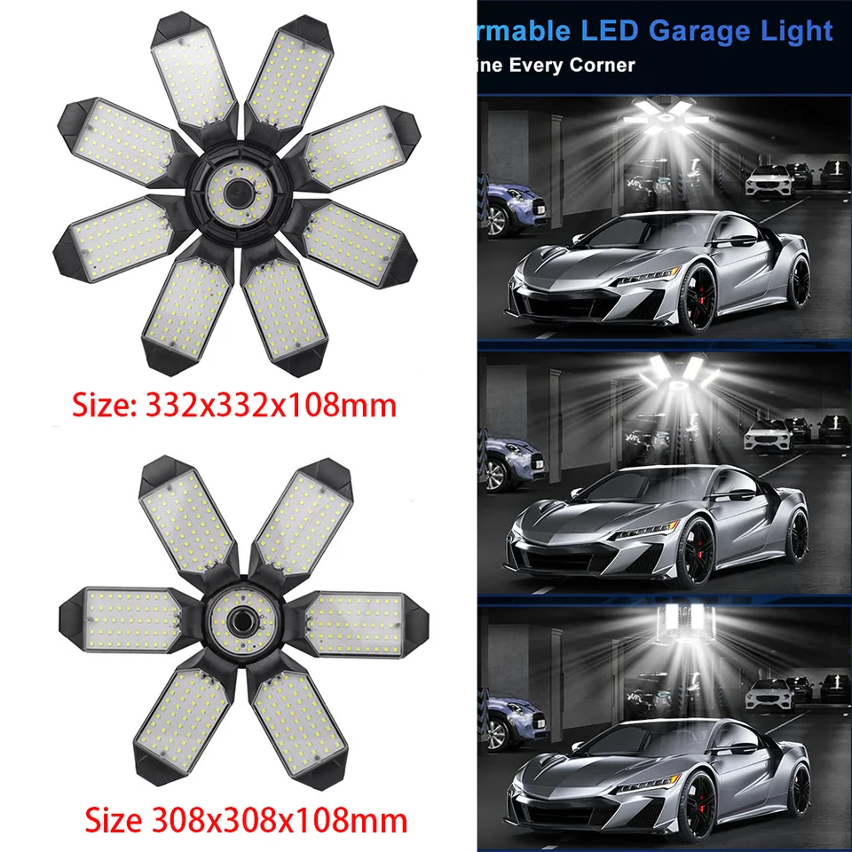 Luce LED Super Luminosa Per Garage Da 250W, 8 Pannelli Regolabili + Faro Centrale, 6500K, Ideale Per Officina, Fienile, Cantina - 3
