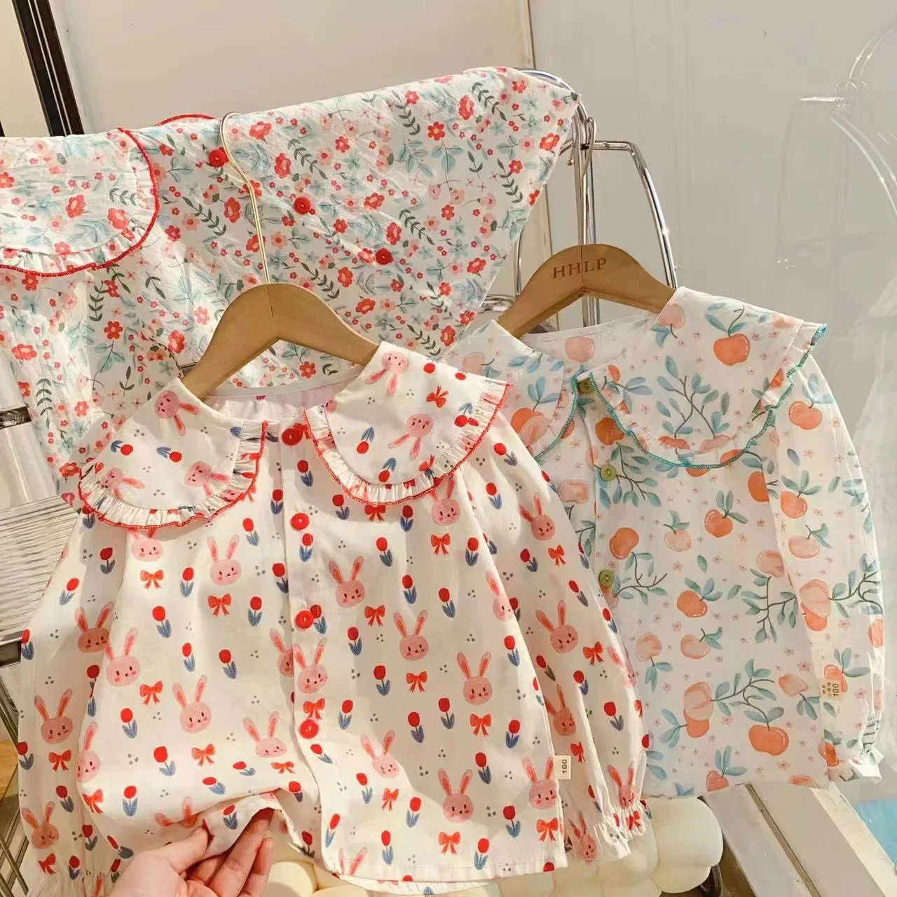 

Girls' Doll Neck Shirt 12M-8Y Baby Cute Rabbit Print Top Children's Spring and Autumn Cute Long Sleeve Cotton Shirt