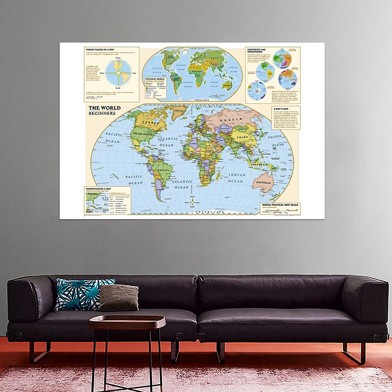 Physical World Map 150x100cm Non-woven Foldable Map With Detailed Label Without Country Flag For Beginner 150x100cm the world physical map with national flags non woven vintage canvas painting education supplies home decoration