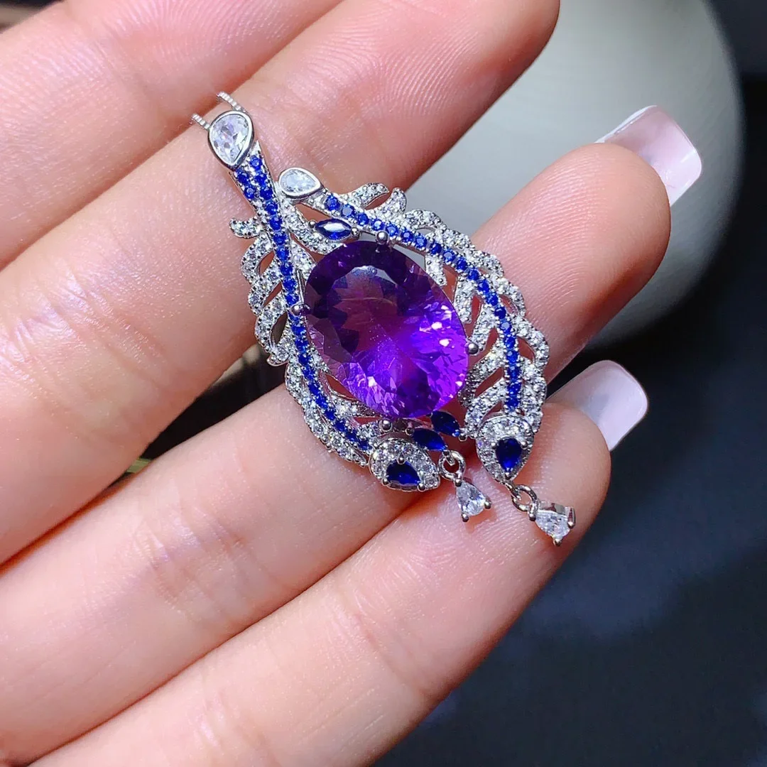 

100% S925 Silver Sterling 45cm Necklace Amethyst Pendant for Women Bohemia Engagement Pendant Necklaces Amethyst Jewelry Box