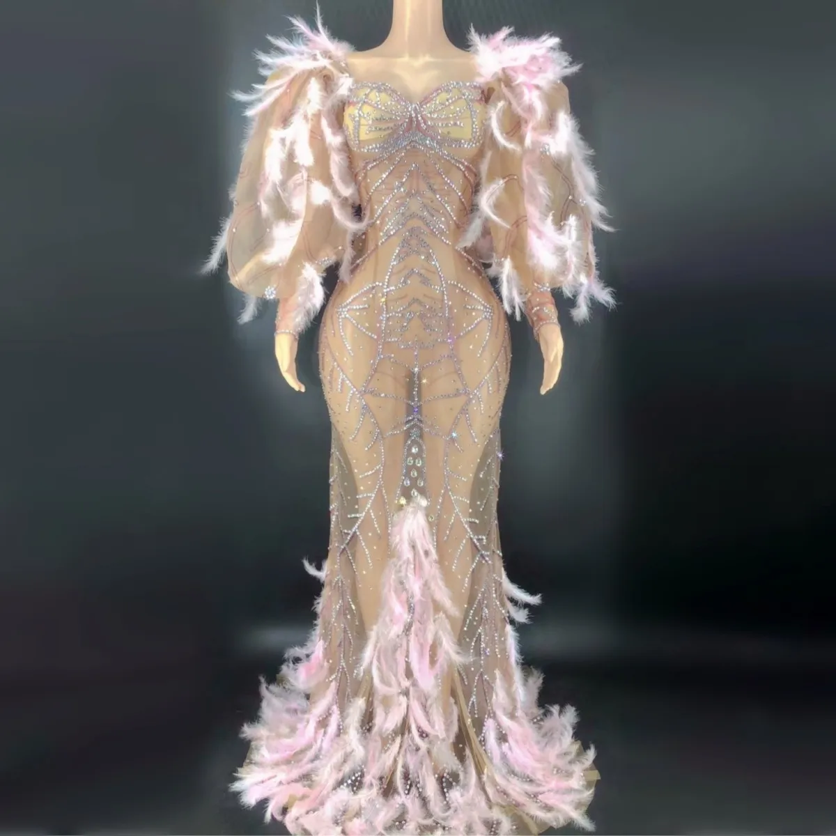 

Top Quality Pink Colour Sparkling Diamonds Feathers Mermaid Dress Sexy Long Dress Embrider Celebrate Evening Party Dress