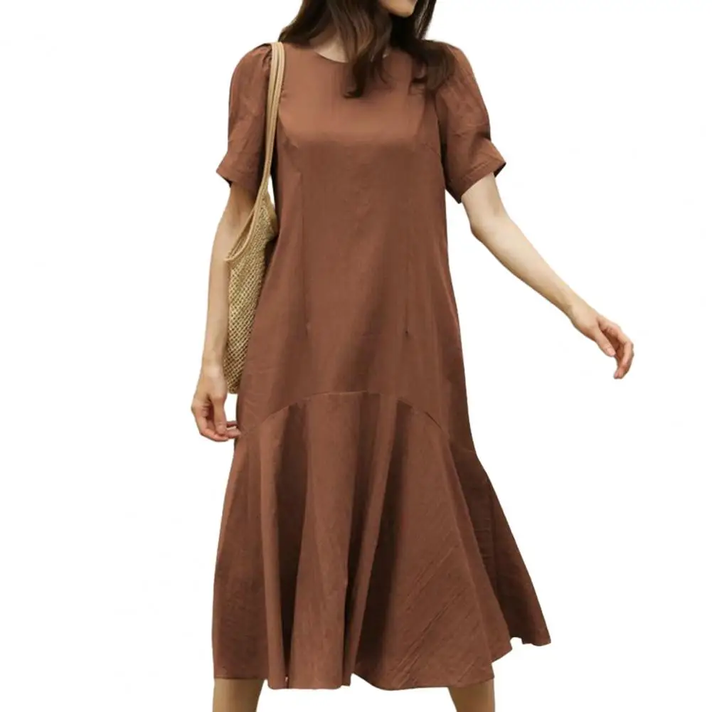 

Women Summer Midi Dress Short Sleeves Round Neck Patchwork Loose Hem Dress Party