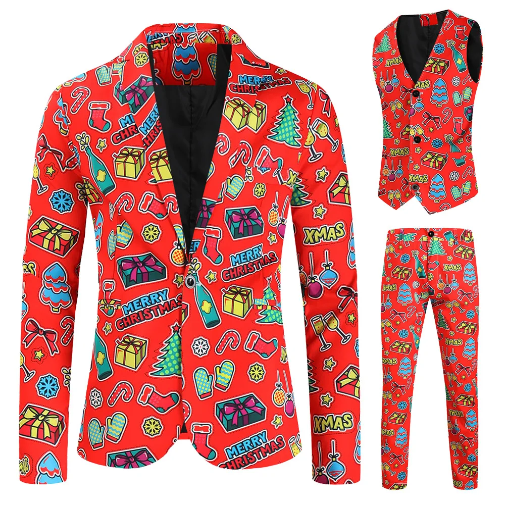 thumbnail image 1 of Trajes navideños para hombre, traje de 3 piezas de corte regular, estampado de copos de nieve, muñeco de nieve, chaqueta, pantalones, chalecos, conjunto de traje para hombre para Navidad, 1 of 5