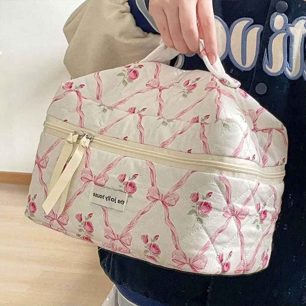 Women Cute Bow Flower Zipper Quilting Cotton Makeup Bag
