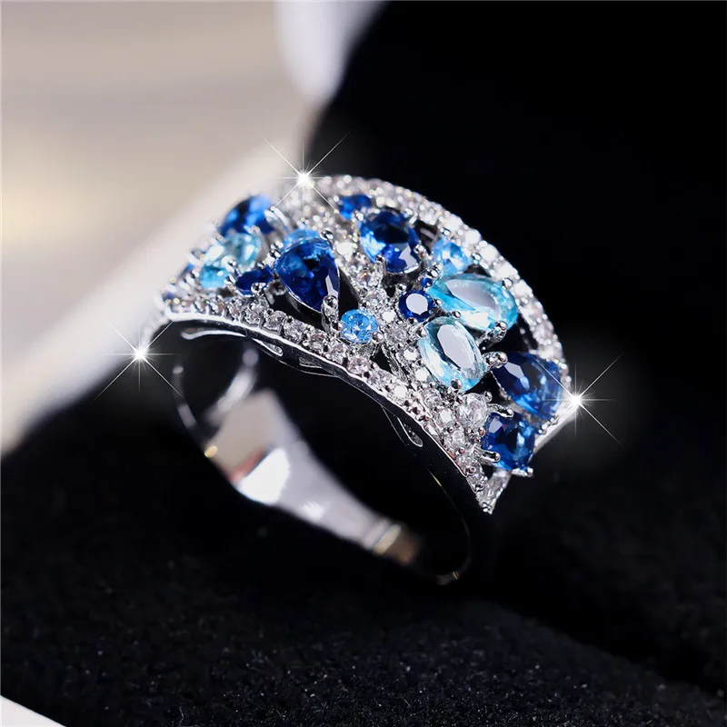 Luxury Female Blue Zircon Stone Ring Trendy Silver Color Engagement Cute Bride Wedding Jewelry Gift For Women
