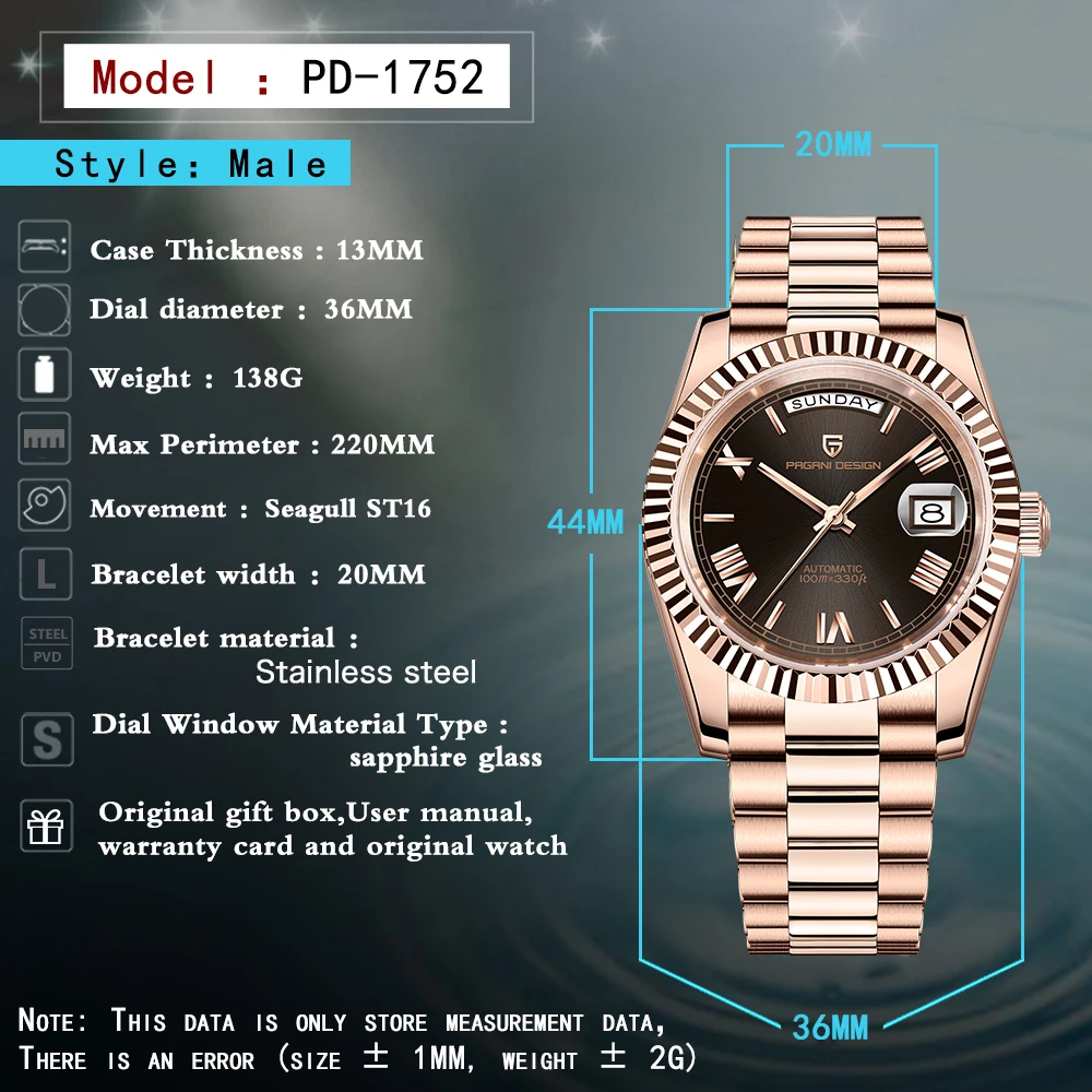 PAGANI DESIGN DD36 Rose Gold Men's Watches Mechanical Watches For Man Automatic Fashion AR Sapphire Mirror Wristwatches