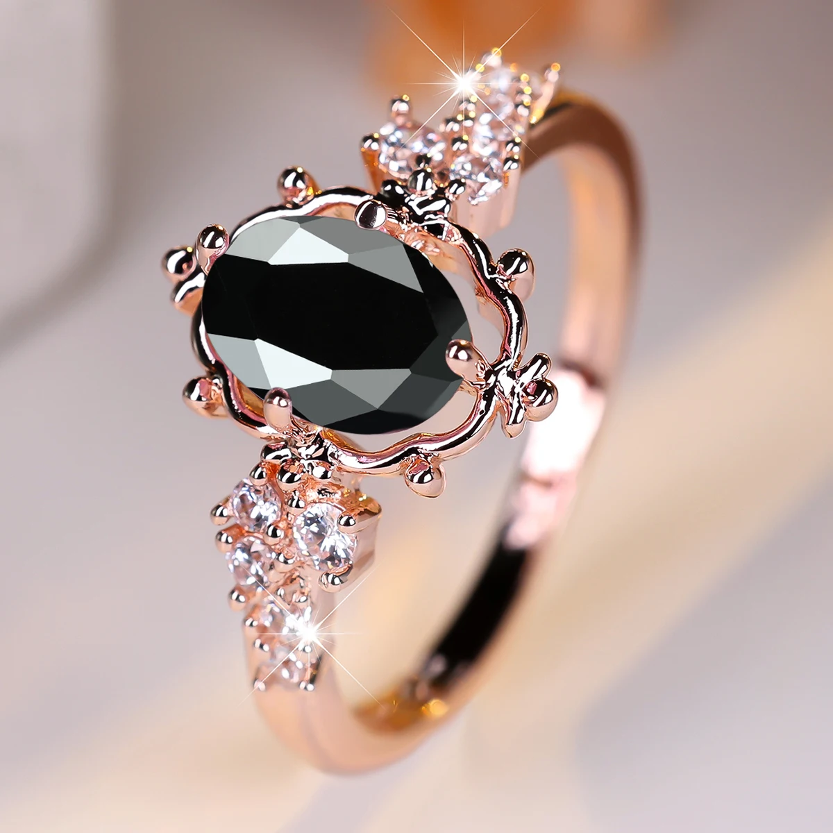 Vintage Black Crystal Zircon Oval Stone Flower Rings For Women Rose Gold Color Wedding Ring Bridal Jewelry Engagement Band Gifts