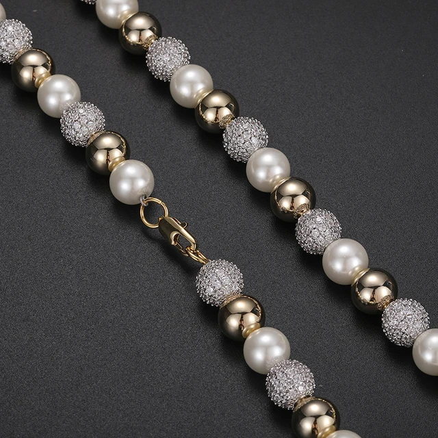 Imitation Pearl Men Necklace Hip Hop Bling Cubic Zircon Choker Chain - Image 5
