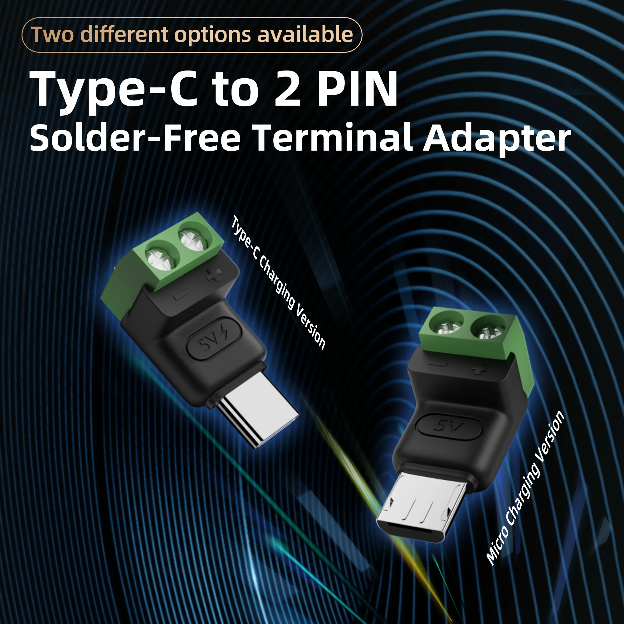 납땜 없는 플러그 USB C/Micro - 2핀 터미널 어댑터 나사형 5V 크림프 터미널 블록 녹색 타입-C - 2핀 충전 커넥터