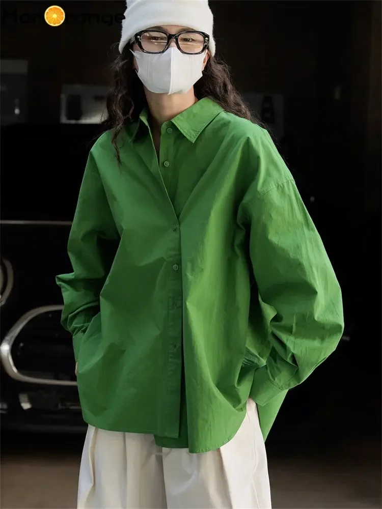 

HanOrange 2024 Spring Summer Slant Placket Silhouette Shirt Woman Loose Comfortable Casual Top Female Green/White