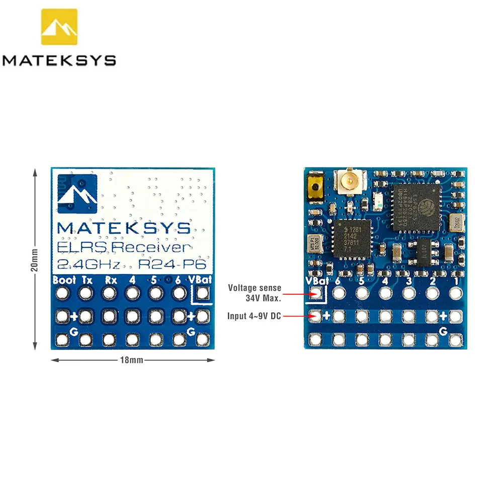 Détail des broches et du connecteur IPEX du récepteur ExpressLRS MATEK R24-P6 2.4GHz PWM 6 canaux avec VBat.