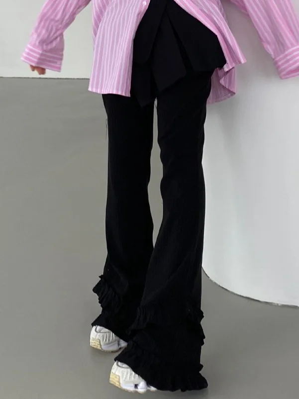 Spring 2025 Dongda Gate Women's Slim Fit Bell Bot Pants Elastic Micro Flared Pure Color Floral Lace Long Trousers