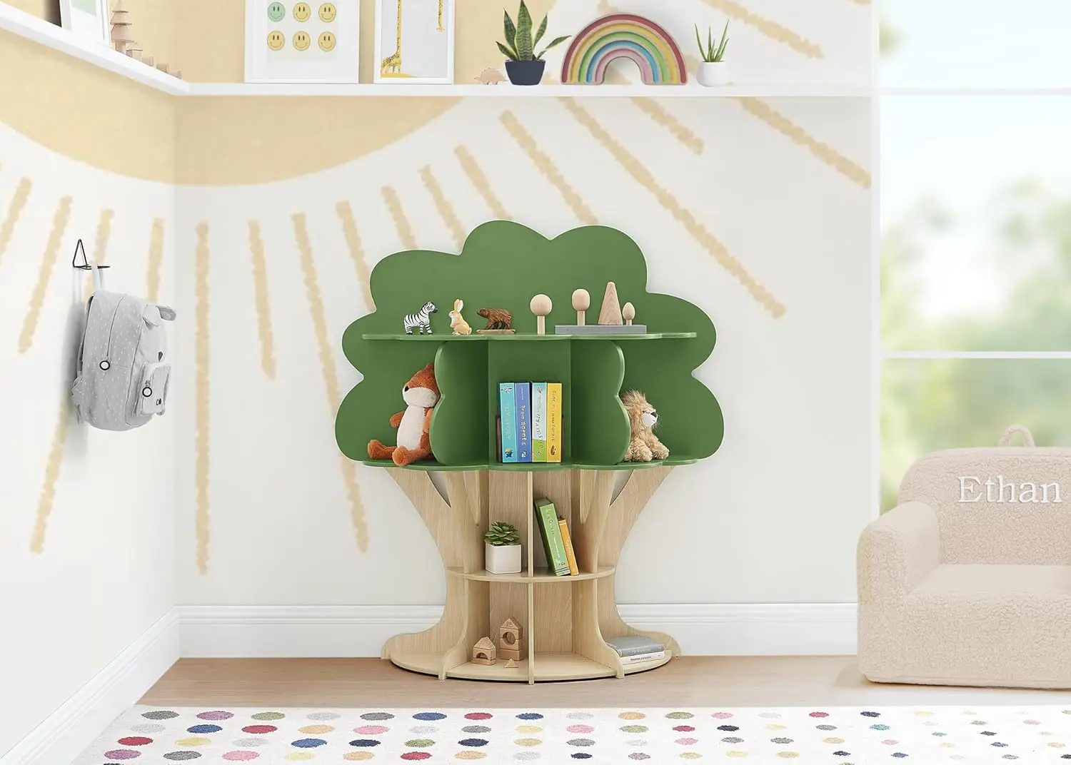 Children Tree Bookcase-Gold Certified, Fern Green/Crafted Natural