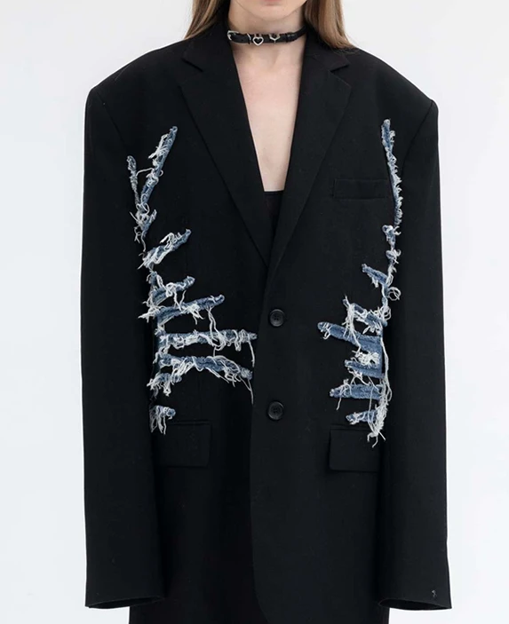 

Blazer Denim Patchwork Distressed Black Unisex 23 Autumn Winter Low-key Punk Padded Shoulders Stylish Comfortable Versatile