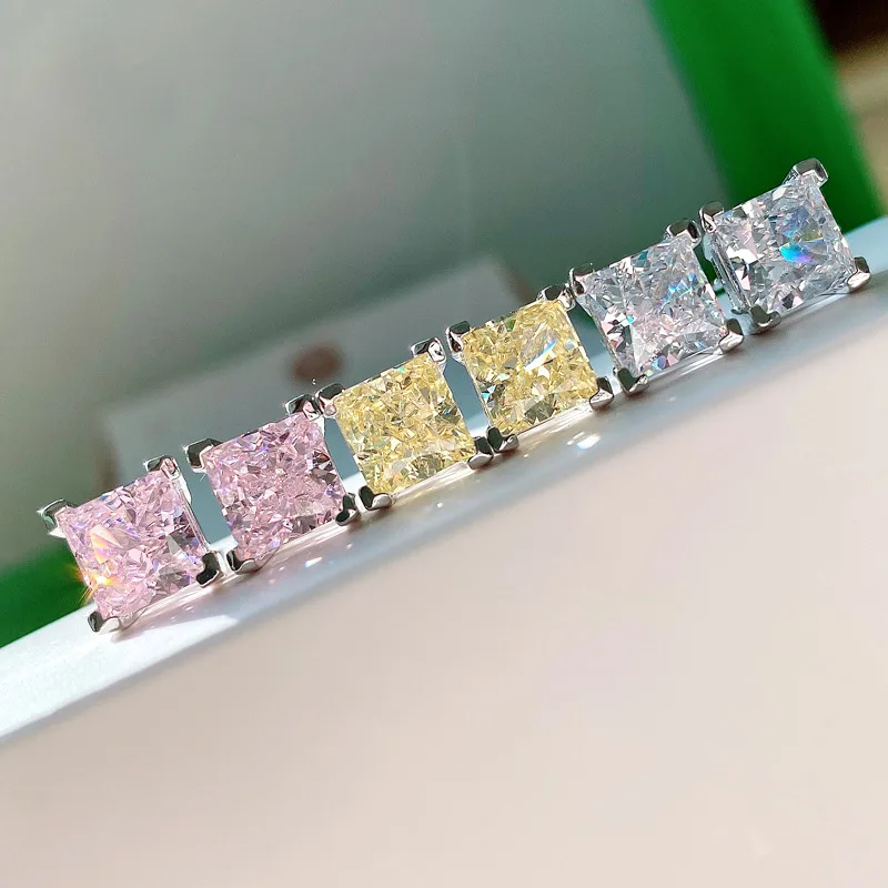 

S925 sterling silver jewelry high carbon diamond Radiant princess earrings main stone 7*7 earrings female