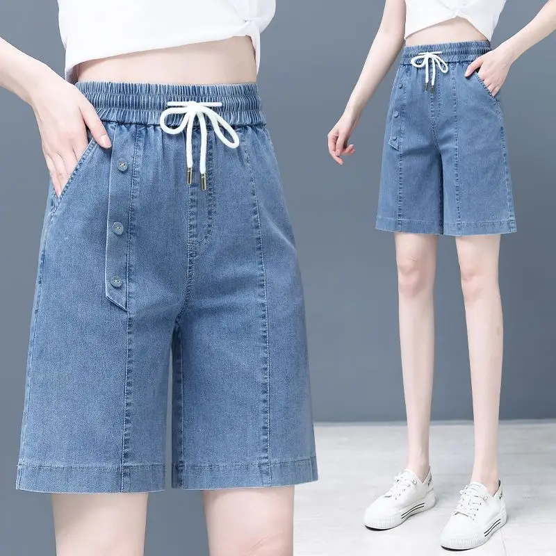 Summer Women Vintage Cargo Denim Shorts Streetwear Fashion All-match Jeans New Solid Elastic Wait Baggy Casual Wide Leg Pants