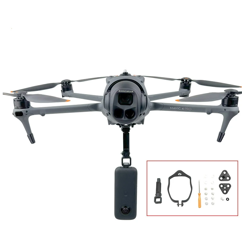 Achetez le support de caméra panoramique 2 en 1 pour DJI Mavic 4 Pro, installé sous le drone pour une stabilisation optimale.