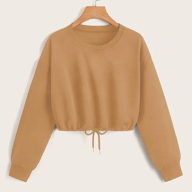 Women Long Sleeve Sweatshirt Fashion Solid Crop Top Soft Daily Loose Drawstring Hem Womens O-Neck Trendy Basic Femme Pullovers 4