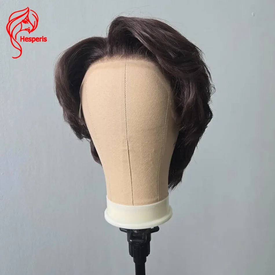 헤스페리스 브라질리언 레미 남성용 가발 프리플럭드 내추럴 웨이비 픽시컷 다크 브라운 딥 파트 레이스 프론트 프리스타일드 인모 가발