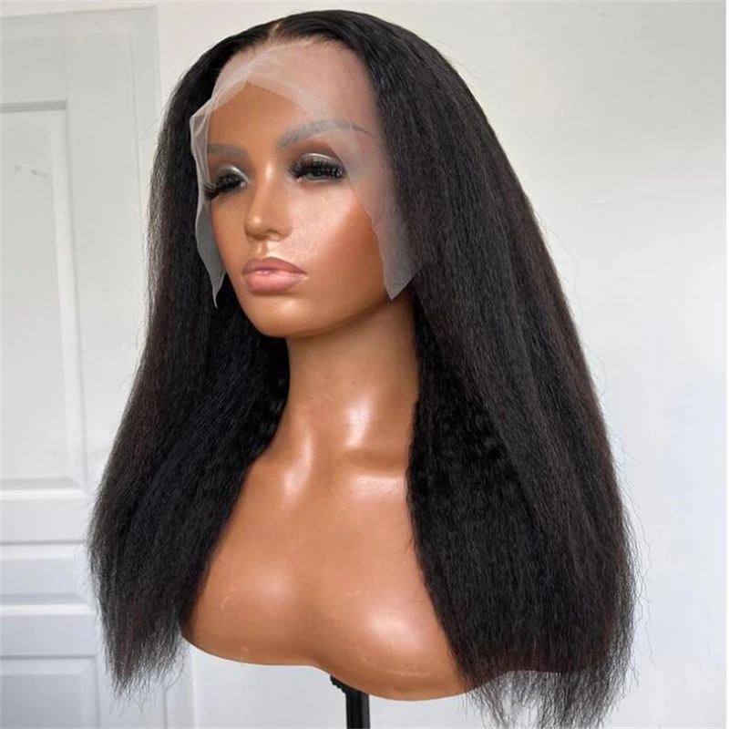 

Deep Yaki Long Balck 180Density 26inch Soft Kinky Straight Lace Front Wig For Women with Babyhair PrePlucked Daily Glueless Wigs