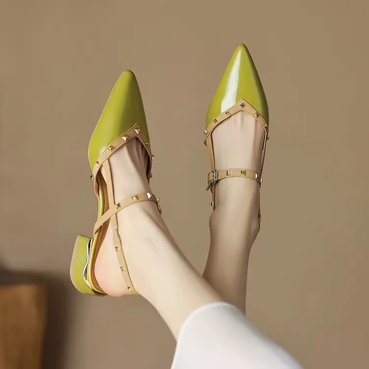 

Women Sandals Lightweight Rivet Buckle Strap PU Square Heels New Baotou Hollow Out Women's Modern Shoes Off White