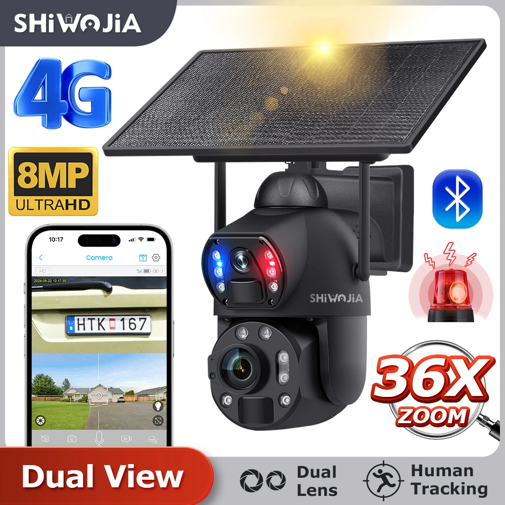 4K 8MP 36X zoom 4G solar wifi camera surveillance camera solar security camera dual lens dual screen human detect auto tracking outdoor 10W solar panel CCTV