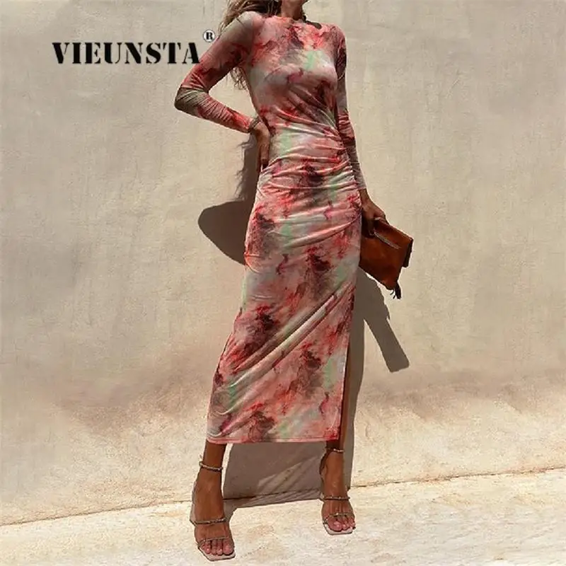 

Women Bohemian Print Long Sleeve Beach Dress Autumn O-Neck Slim Bodycon Maxi Dress 2023 Retro Sexy Shirring Skinny Tie-Dye Dress