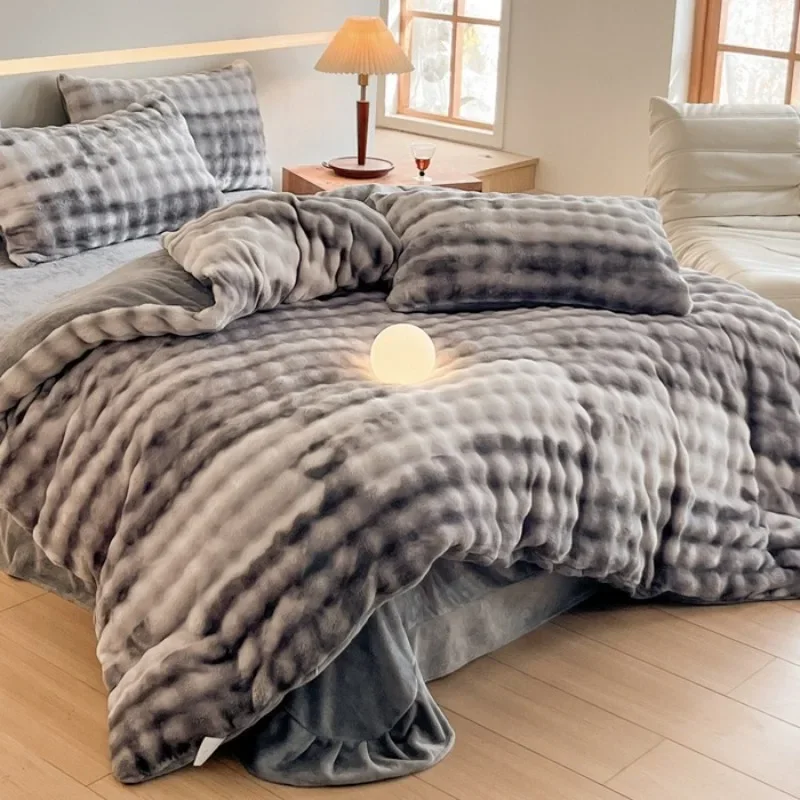 2024 anti-static thickened imitation rabbit velvet kit milk velvet four-piece set of gradual change color bubble velvet bedding 4