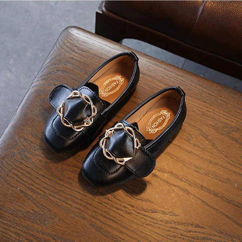 Spring Autumn Children's Leather Shoes Metal Buckle Girls Single Shoes Flat Heel Fashion Casual Shoe Soft Sole Kids
