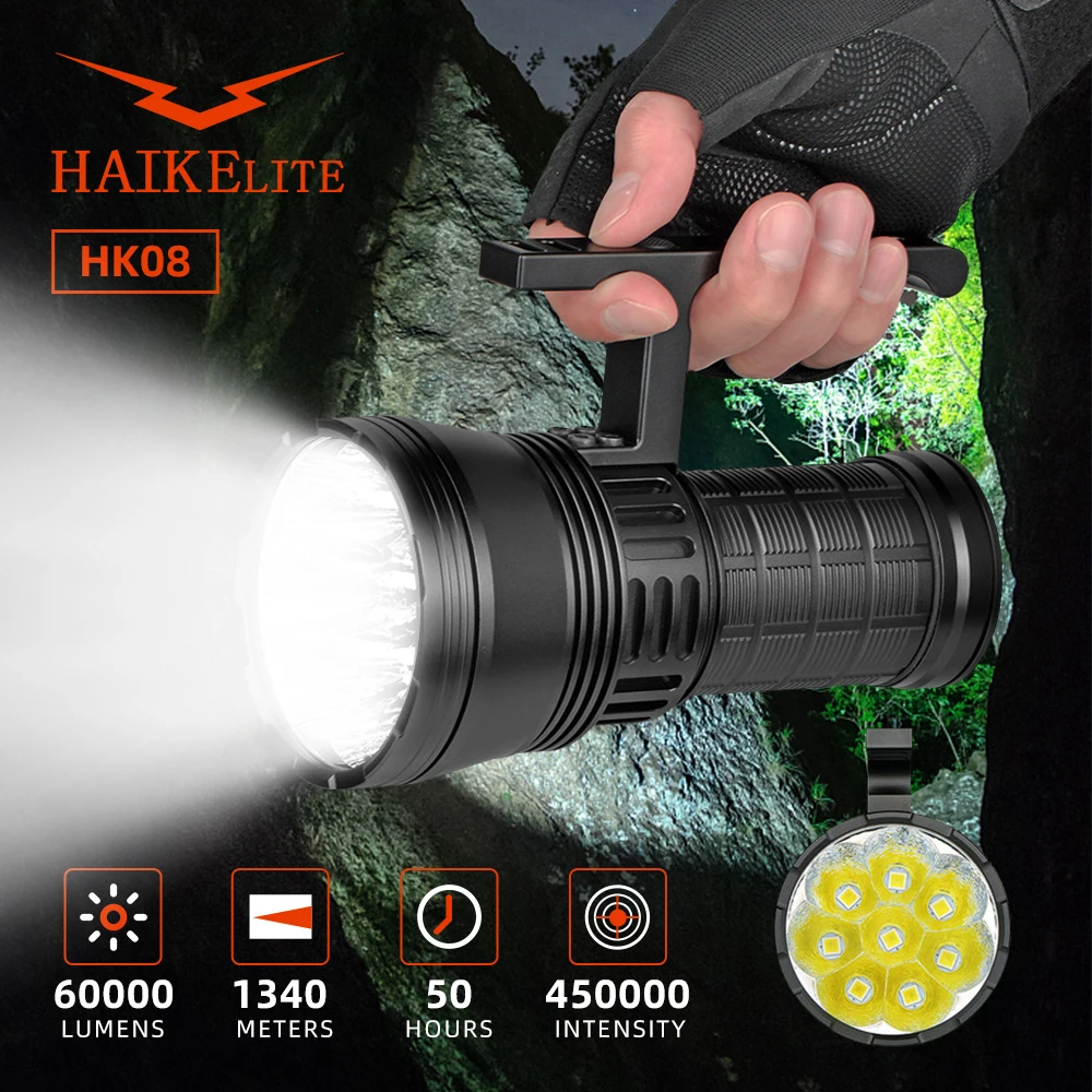Haikelite HK08 Powerful Flashlight 60000LM Lantern 1340m Range Type-C USB Charging Torch 21700 High Power Led Flashlights