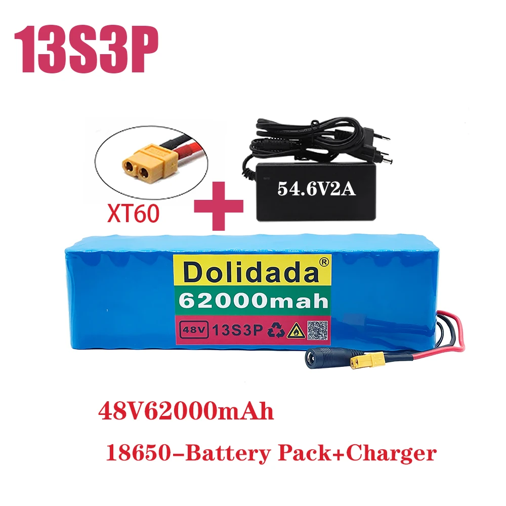 Batterie Agli Ioni Di Litio 13 S3P 48V 62Ah Xt60 Dc 54.6V 2A 1000W Pour Vev Et Trottinette Electrique Avec Bms Intesgré Et Chargeur