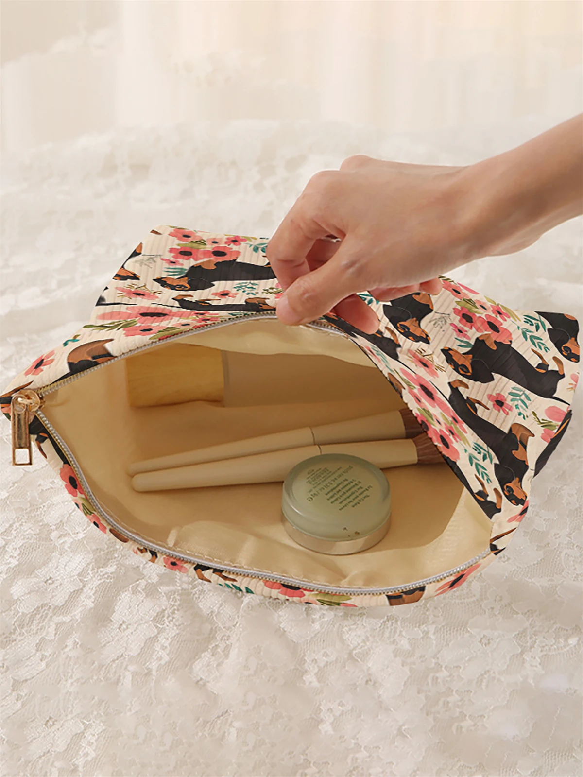 1 cartoon dog pattern corduroy makeup bag, lightweight zipper makeup storage box, multifunctional bag with lining