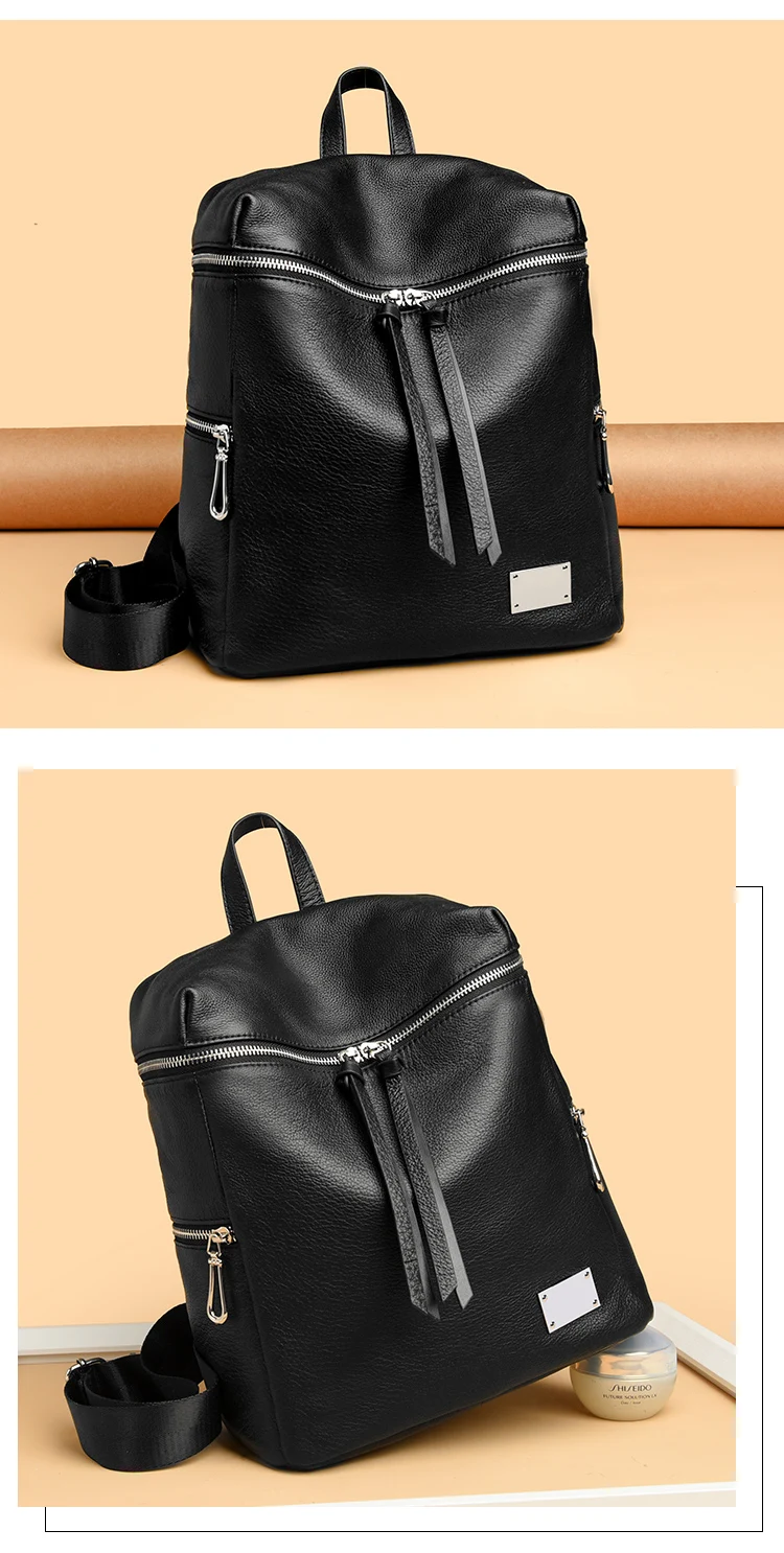 Schwarzer Rucksack aus echtem Leder, schlichte Damentasche aus Rindsleder, Einzelschulter- und Doppelschultertasche, Arbeits- und Einkaufstasche – Detail 9