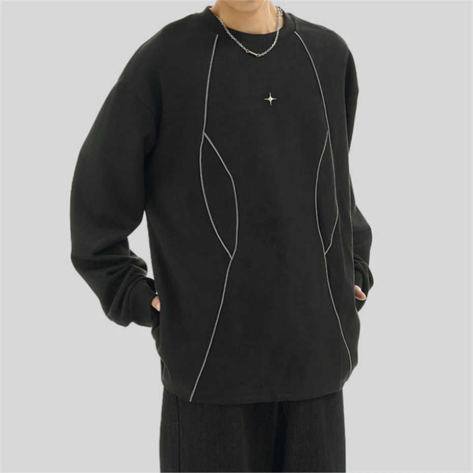 Hip Hop Suede Mens Sweatshirts Hoodies Streetwear Reflective Article Pullover Winter Harajuku Cotton Casual Sweatshirt Black