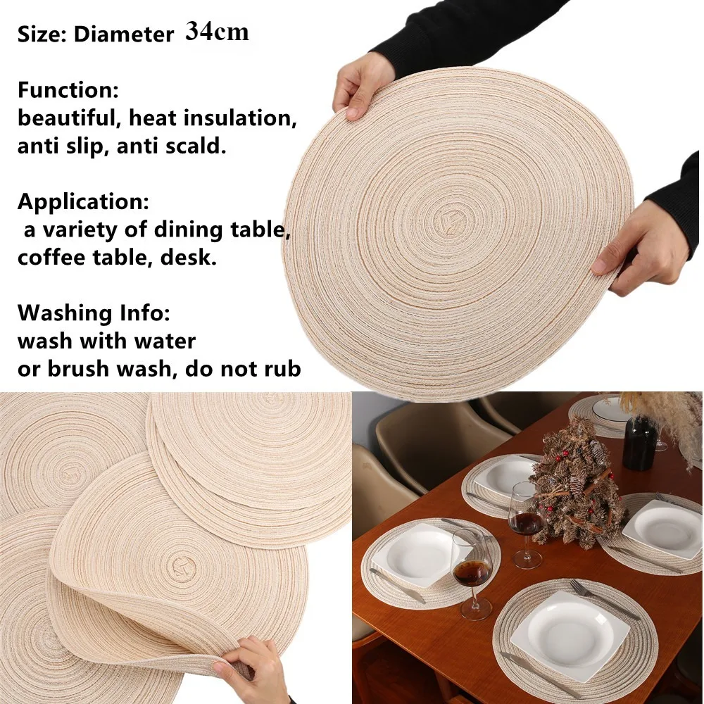 comfoyar Beige witte Ronde Gevlochten Placemats Set van 4, 30x30 cm Anti-slip Geweven Katoenen Placemats, Hittebestendige Afwasbare Tafelmatten voor Binnen Keuken Dineren Feest Tafel Decoratie