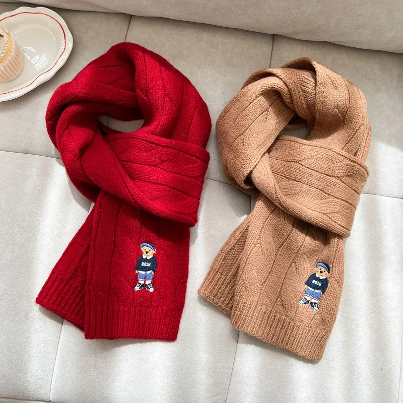 Australian Wool Scarf Twisted Cable Knit British Vintage Embroidered Bear Scarf Thickened for Warmth