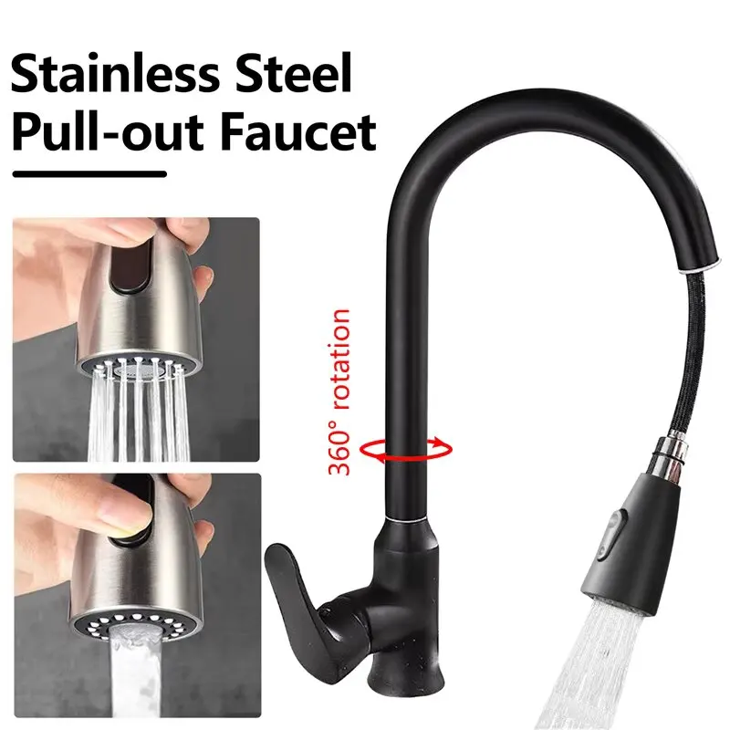 NEW Stainless steel kitchen faucet single hole pull-out spout kitchen sink faucet flow nozzle 360 ​​rotating cleaning faucet 3