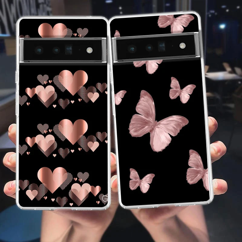 Gold Pink Rose Glitter Hearts Soft Silicone Clear Phone Case