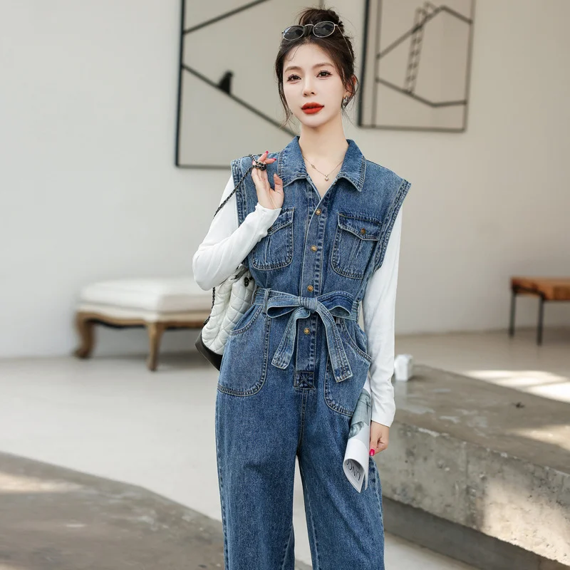 Sleeveless Denim Jumpsuits Women 2023 Autumn Playsuits Simple Elegant Lapel Drawstring Slim Fashion Trend Loose Straight Jeans