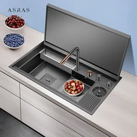 ASRAS Hidden Bar Island kitchen Sink Nanometer Flip Cover Hidden Sink 4mm Thickness Handmade Stepped Sinks Cup Rinser Sinks 1